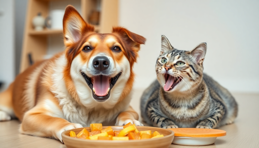 Dog and cat happily eating from bowls illustrating how to choose the right pet food for healthy pets