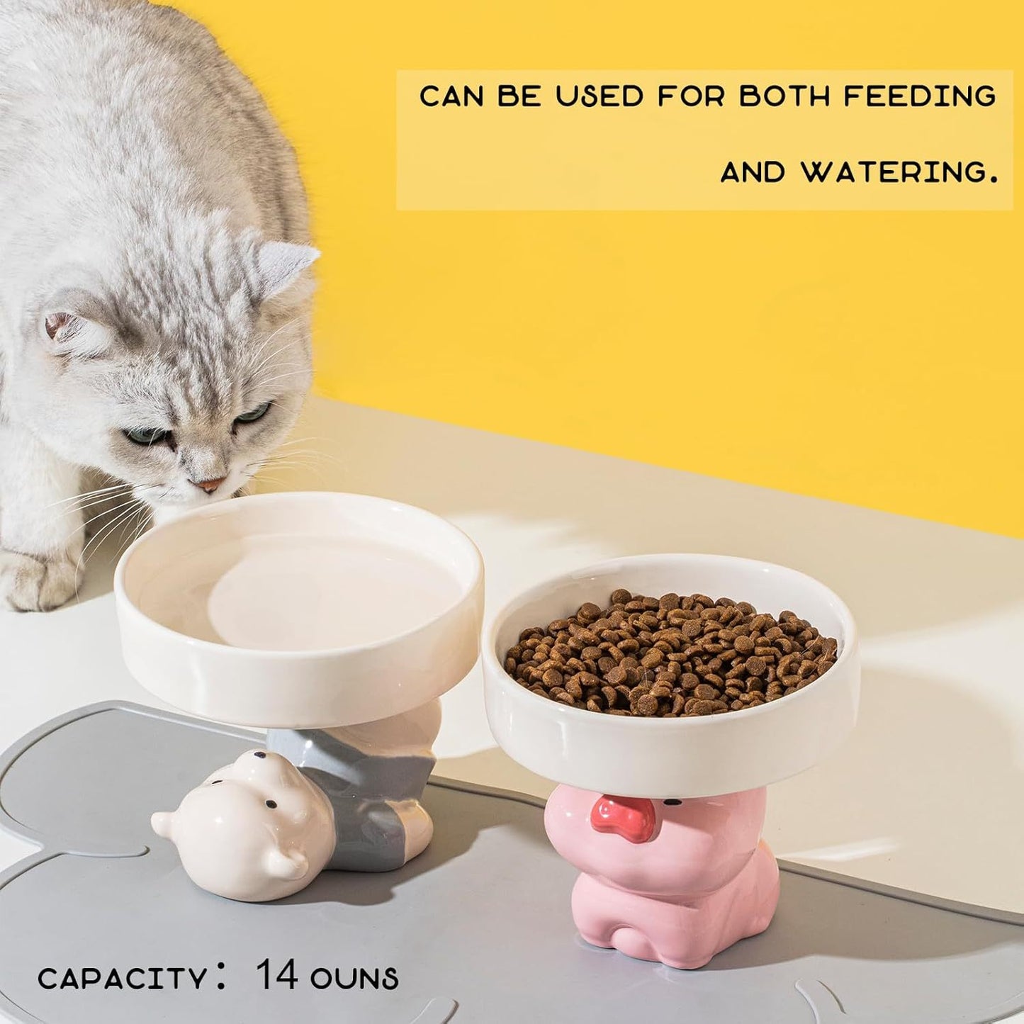 Raised Cat Bowls Cat Food Bowls Elevated Animal Theme Cute Ceramic Cat Bowl For Indoor Cats Pet Slow Feeder Water Bowl Whisker Friendly Prevents Dark Chins Easy To Clean