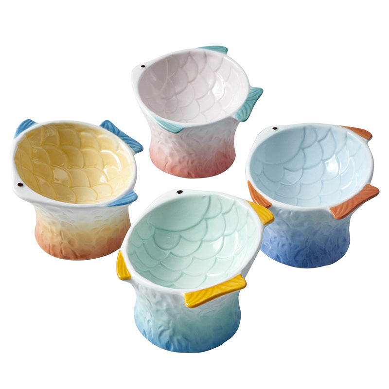 Ceramic Cat Feeder Fish Shape Elevated Bowls Shallow Angled Non Slip Whisker Fatigue Bowl Tilted Pet Feeder