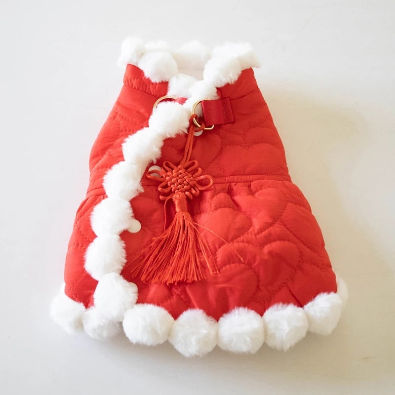 Pet Autumn And Winter Thickening Fur Collar Red Chinese Knot New Year Clothes