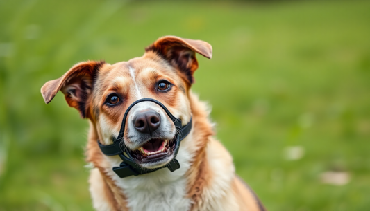 Happy dog wearing a muzzle outdoors representing pet care tips for beginners