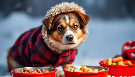 Cute dog wearing a warm fur-lined coat with bowls of treats illustrating tips for keeping your dog warm in winter