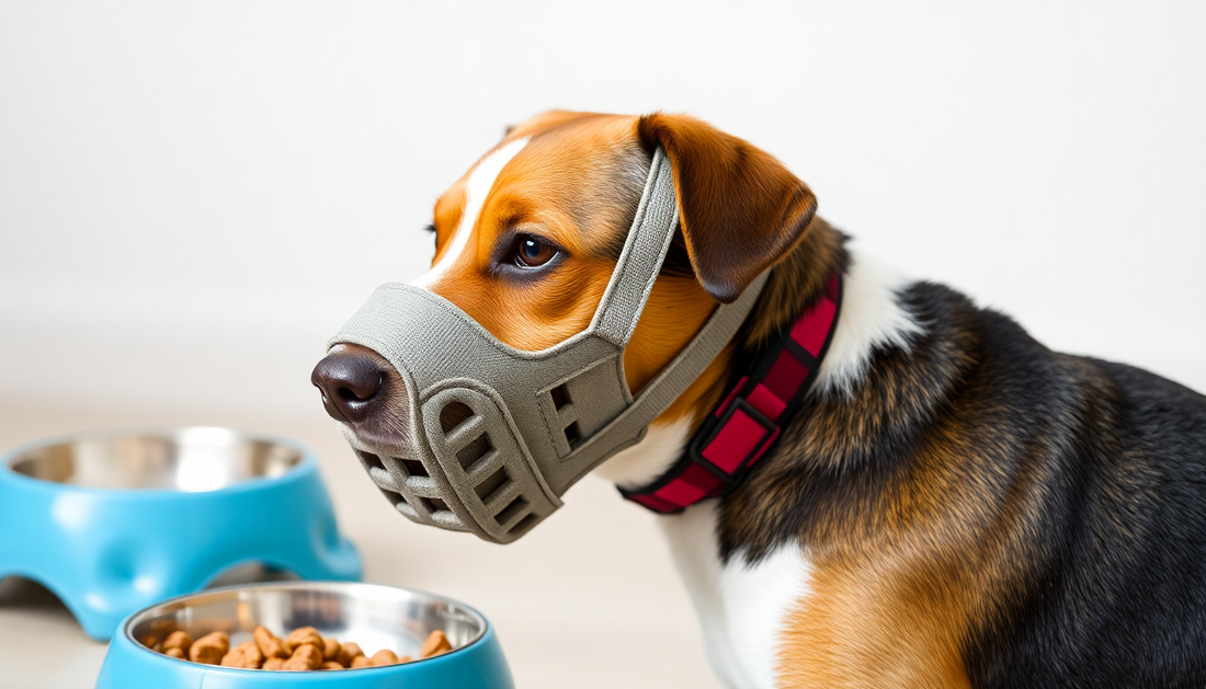 Beagle dog wearing a gray muzzle with a red collar near blue food bowls demonstrating how to use a dog muzzle safely