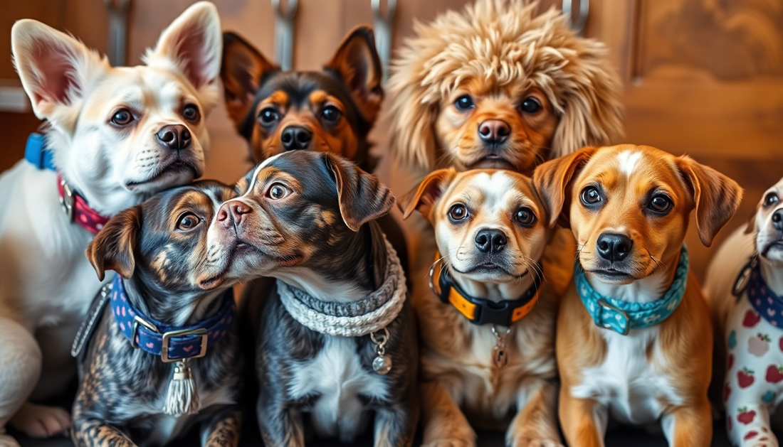 Group of adorable dogs wearing unique pet collar accessories in different colors and styles