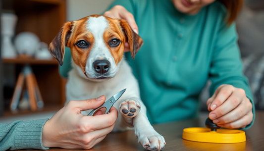 Person trimming a small dog's nails demonstrating how to trim pet nails at home safely and gently
