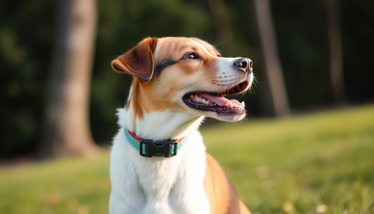 Happy dog wearing a collar with the best anti barking devices for dogs in an outdoor setting