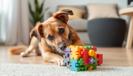 Dog playing with a colorful puzzle toy on the floor demonstrating how to train a dog with puzzle toys