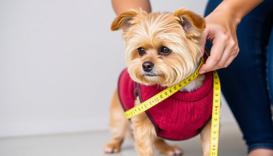 Person measuring small dog wearing red sweater to show how to measure your dog for clothes