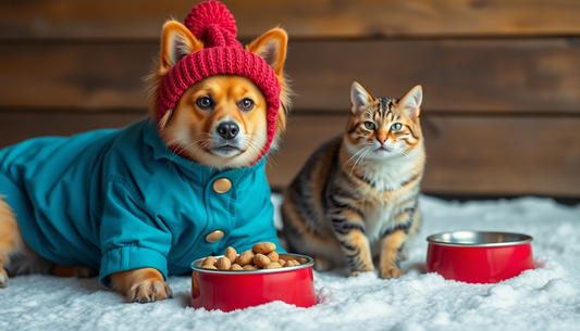 Dog wearing warm clothes and a red hat next to a cat with food bowls on a snowy surface showing how to choose dog clothes for winter