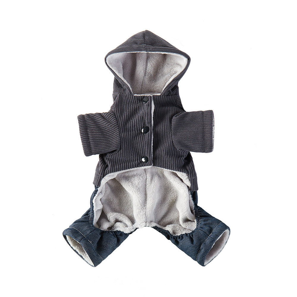 Corduroy Pet Four-legged Hooded Fleece Lined Coat