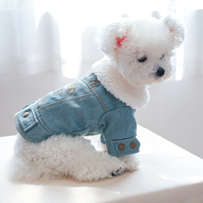 New Pet Plush Thick Denim Cotton Coat English Letters