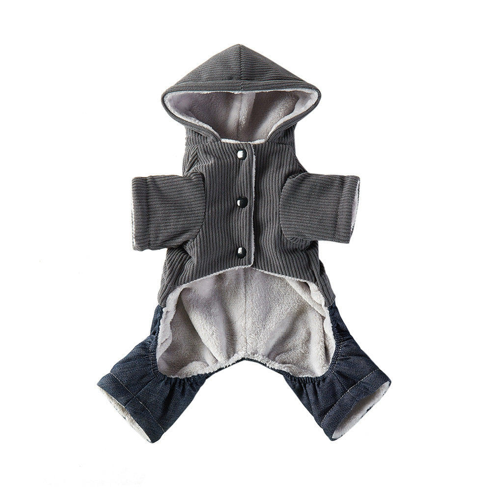 Corduroy Pet Four-legged Hooded Fleece Lined Coat