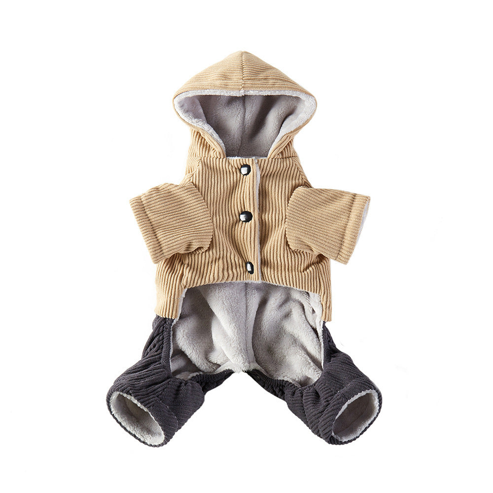 Corduroy Pet Four-legged Hooded Fleece Lined Coat