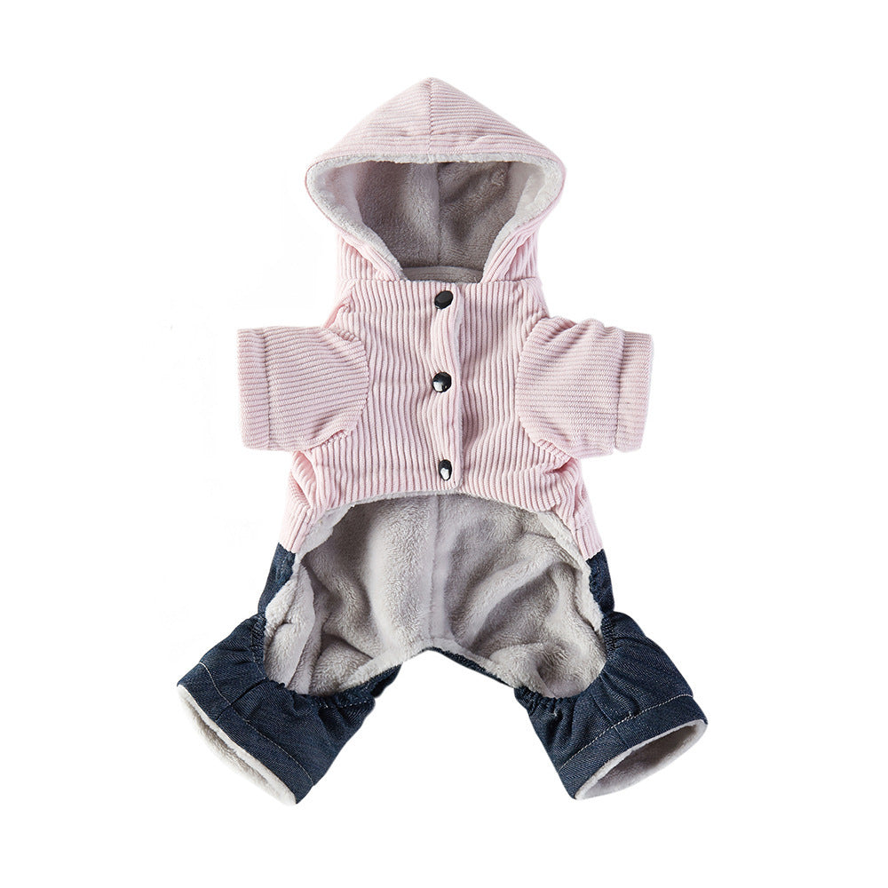 Corduroy Pet Four-legged Hooded Fleece Lined Coat